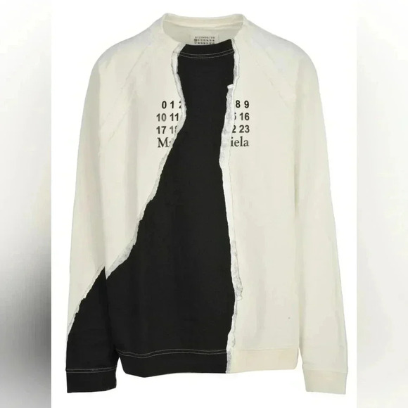 MAISON MARGIELA Mutiny Logo Graphic White Crewneck Sweater w/ Faded Black Print